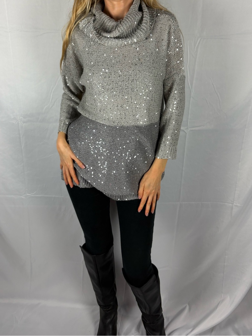 Silver gray 2 tone sequins glam pullover sweater cowl turtleneck M relaxed tunic